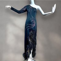 1970s vintage evening gown, Black bodycon one shoulder sheath gown, Thigh high slit with Ostrich Feathers