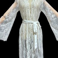 JONQUIL sheer white lace robe, see through feather weight white dressing gown, Wrap front with bell sleeves