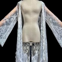 JONQUIL sheer white lace robe, see through feather weight white dressing gown, Wrap front with bell sleeves