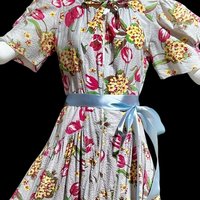 1940s vintage waffled cotton floral day dress, blue pink yellow green tulips and hydrangeas