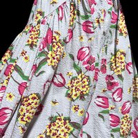 1940s vintage waffled cotton floral day dress, blue pink yellow green tulips and hydrangeas