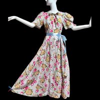 1940s vintage waffled cotton floral day dress, blue pink yellow green tulips and hydrangeas