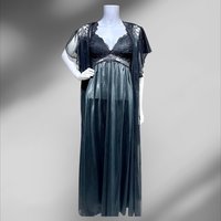 SCAASI vintage black nightgown robe peignoir 2 pc set, sheer dressing gown and slip dress