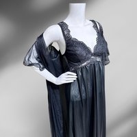 SCAASI vintage black nightgown robe peignoir 2 pc set, sheer dressing gown and slip dress