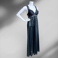 SCAASI vintage black nightgown robe peignoir 2 pc set, sheer dressing gown and slip dress