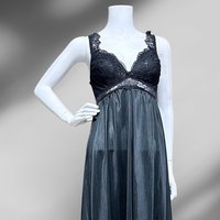 SCAASI vintage black nightgown robe peignoir 2 pc set, sheer dressing gown and slip dress