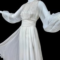 JACK BRYAN vintage evening dress, white chiffon beads and sequins, long sheer puffed sleeves, Palm Royale