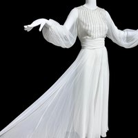 JACK BRYAN vintage evening dress, white chiffon beads and sequins, long sheer puffed sleeves, Palm Royale