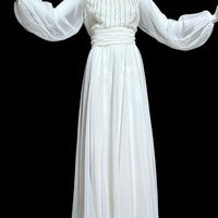 JACK BRYAN vintage evening dress, white chiffon beads and sequins, long sheer puffed sleeves, Palm Royale