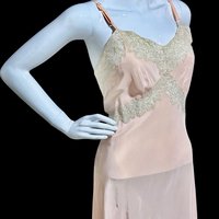 ALIDA The Richly Clad, Vintage 1930s Nightgown Slip Dress, baby pink rayon and lace sheath dress