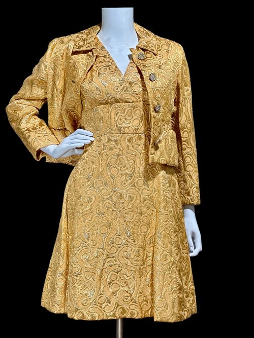 MALCOLM STARR dress jacket set, vintage 1960s apricot gold paisley brocade cocktail evening dinner suit ensemble
