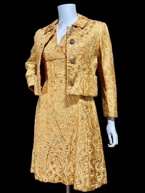 MALCOLM STARR dress jacket set, vintage 1960s apricot gold paisley brocade cocktail evening dinner suit ensemble