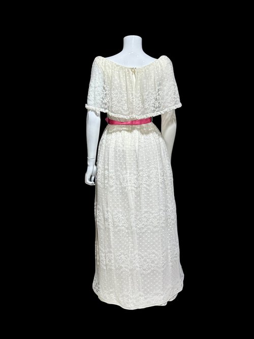 RICHILENE New York, 1970s vintage white lace maxi dress, hippie boho chic wedding gown, ruffle collar prairie dress