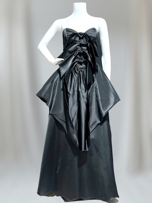 HOLLY HARP vintage 1980s ball gown, Black satin architectural peplum dress