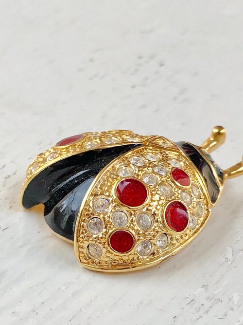 ROMAN signed Lady Bug Pin Brooch, vintage 1980s enamel rhinestone brooch, gold red green figural bug pin