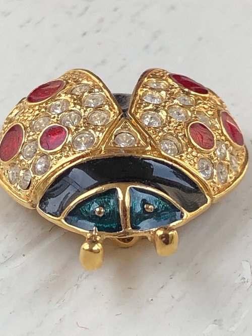 ROMAN signed Lady Bug Pin Brooch, vintage 1980s enamel rhinestone brooch, gold red green figural bug pin