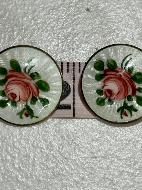 vintage 1940s clip Earrings, Norway 925 Sterling Silver, Guilloche Round Rose Hand Painted Clip on Earrings Mid Century Scandanavian