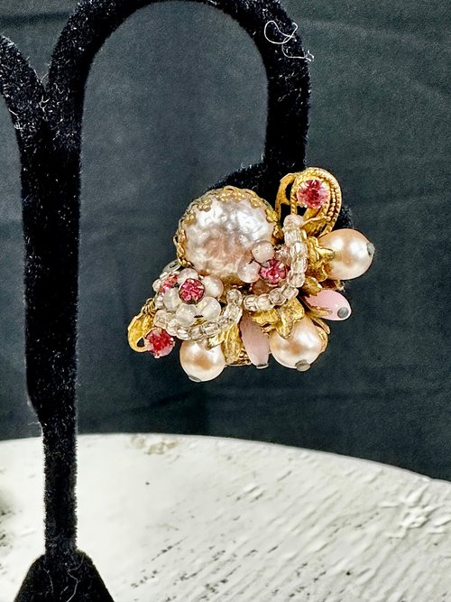 Vintage 1950s clip earring, EUGENE Faux baroque pearl and pink rhinestone hugger, Miriam Haskell clip on earrings, Bridal earrings