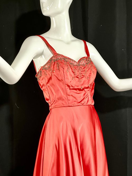 JULIUS GARFINCKEL & CO, 1940s vintage evening dress, Shiny Satin Beaded Evening Ball Gown