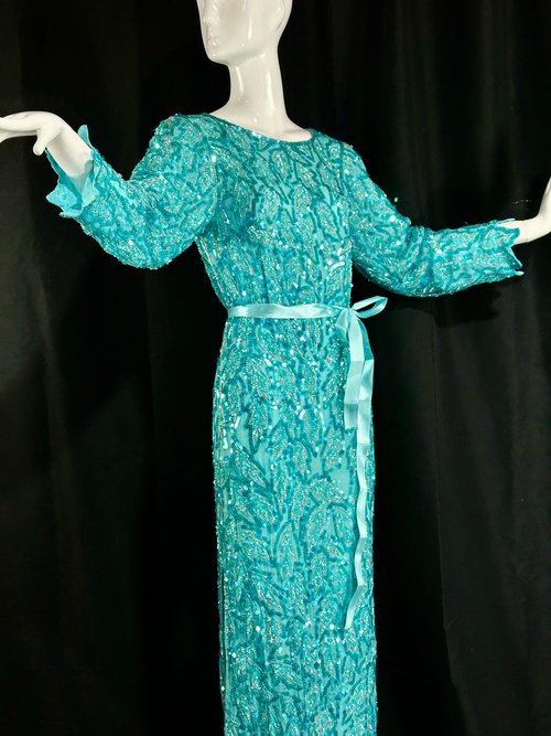 Vintage 1980s evening dress, Powder blue Teal silk full length sheath gown with silver beads and sequins, long sleeves wedding party dress