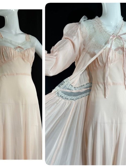 RADCLIFFE vintage 1940s nightgown robe set, pale pink slip dress peignoir set