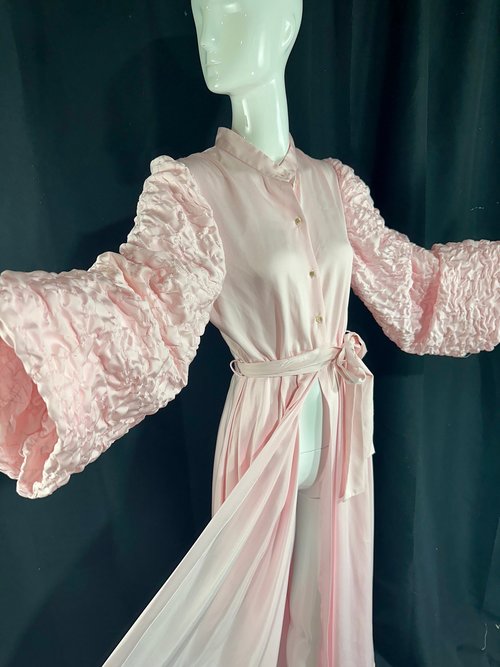 ODETTE BARSA shiny pink full length button front housecoat