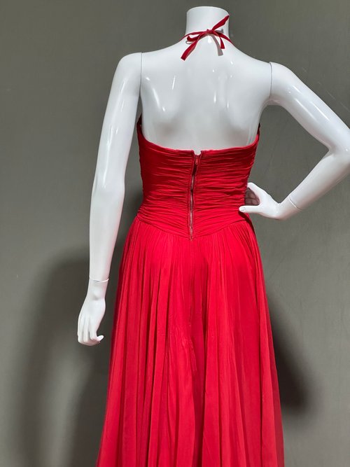 HENRI BENDEL, 1950s vintage ball gown, red silk chiffon fit and flare cocktail party dress