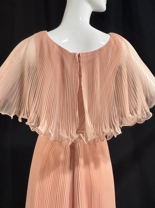 MISS ELLIETTE 1970s vintage maxi dress, Dusty pink blush pleated chiffon gown