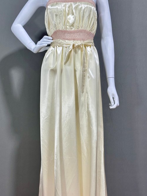 vintage Nightgown slip dress, 1930s Banana cream and old rose shiny night dress, heavy satin with waist tie