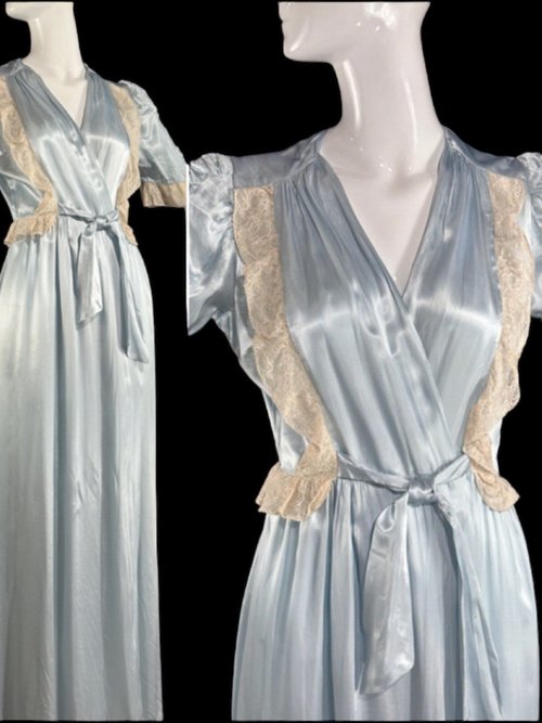 1930s powder blue dressing gown, shiny satin and lace wrap front peignoir housecoat