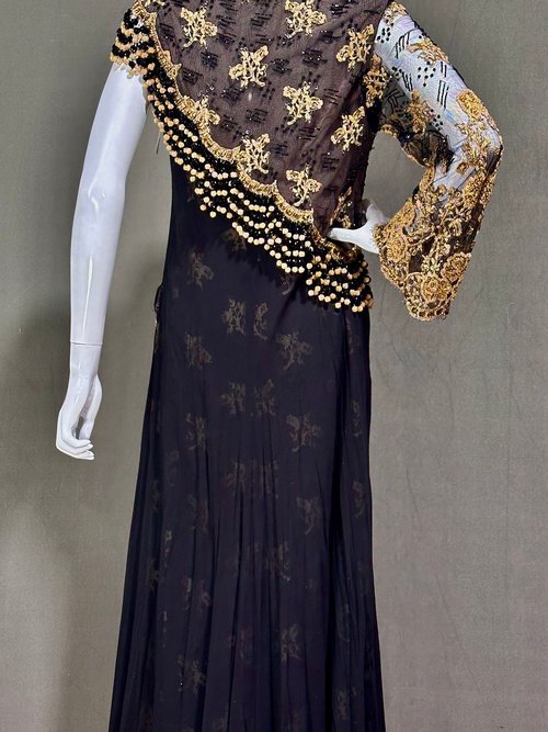 Vintage evening gown dress, Custom made Black and gold silk, heavily beaded one shoulder one sleeve gown, full length prom dress