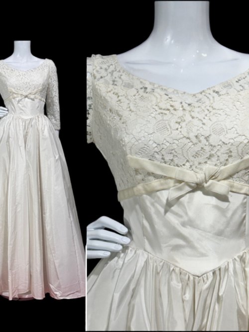 1950s vintage wedding dress, White taffeta and lace full length bridal ball gown