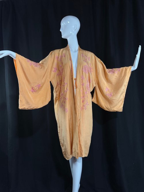 1920s silk flapper kimono / evening opera coat, Melon with Pink Embroidered Birds and Flowers