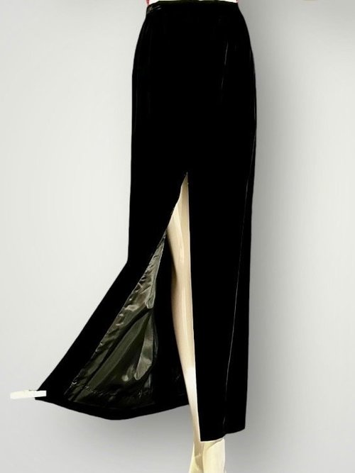 OSCAR de la RENTA 1980s vintage black velvet evening skirt, front slit pencil maxi skirt