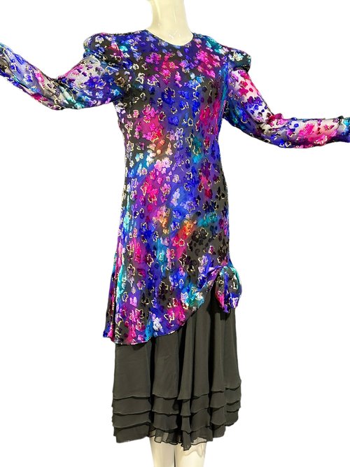 JUDY HORNBY 1980s floral silk dress, Devore silk ruffle skirt