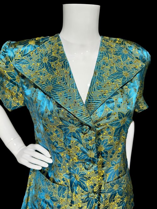 1940s SILK Pajamas set, Sea blue and gold damask cocktail party pjs