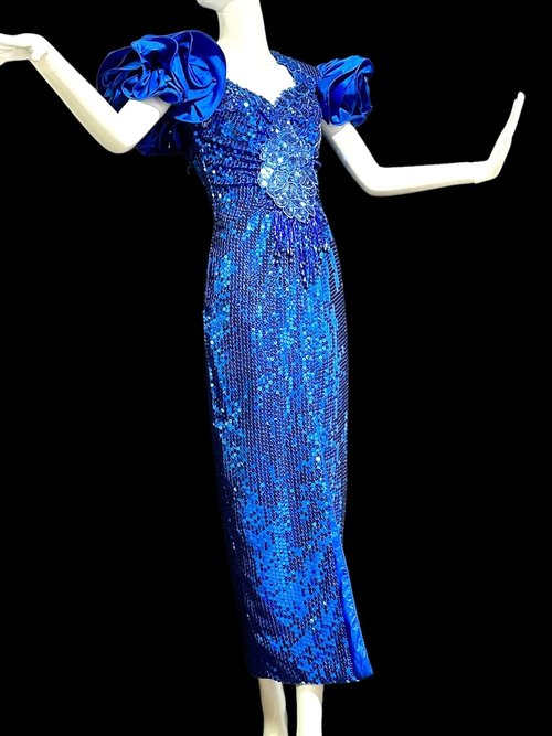 ALYCE evening dress gown, 1980s sequin prom party dress, Sapphire blue sequins dress