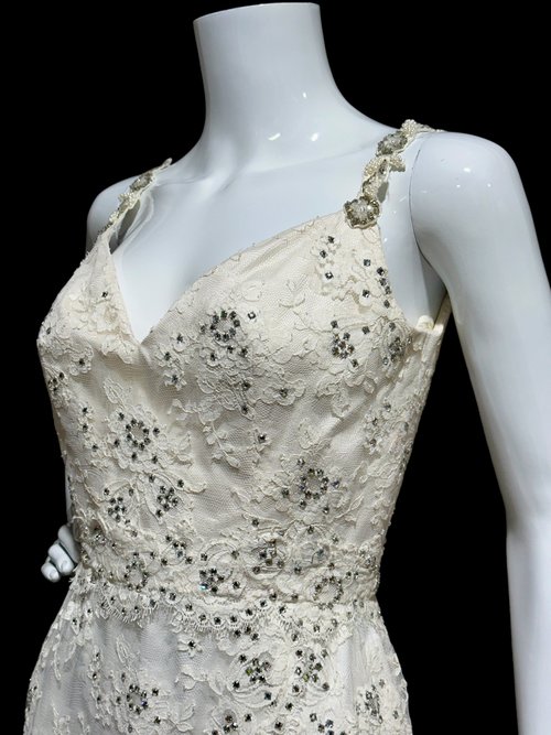 ROSE TAFT vintage 1980s evening gown, white lace and rhinestone sheath formal dress