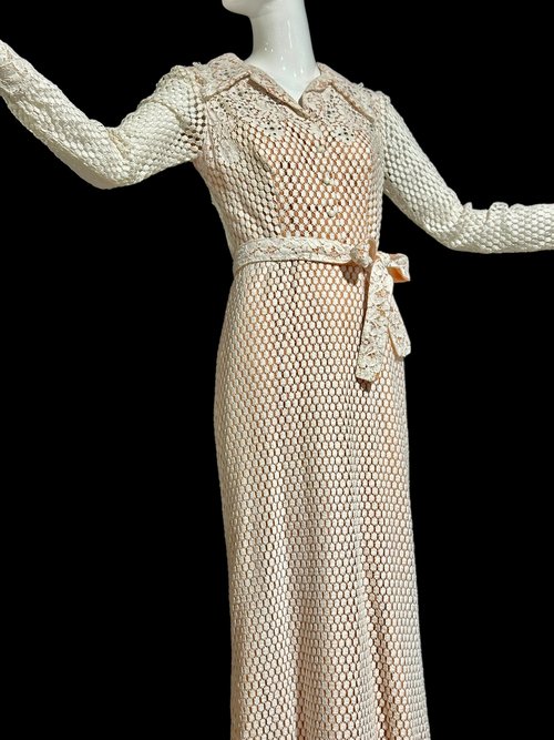 DAN LEE COUTURE 1970s maxi dress, open weave cotton lace hostess dress