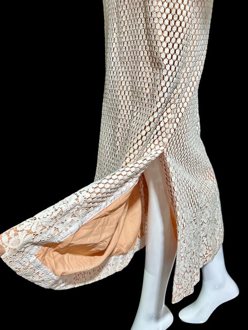 DAN LEE COUTURE 1970s maxi dress, open weave cotton lace hostess dress