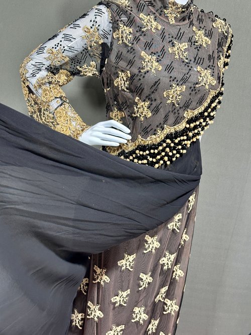 Vintage evening gown dress, Custom made Black and gold silk, heavily beaded one shoulder one sleeve gown, full length prom dress