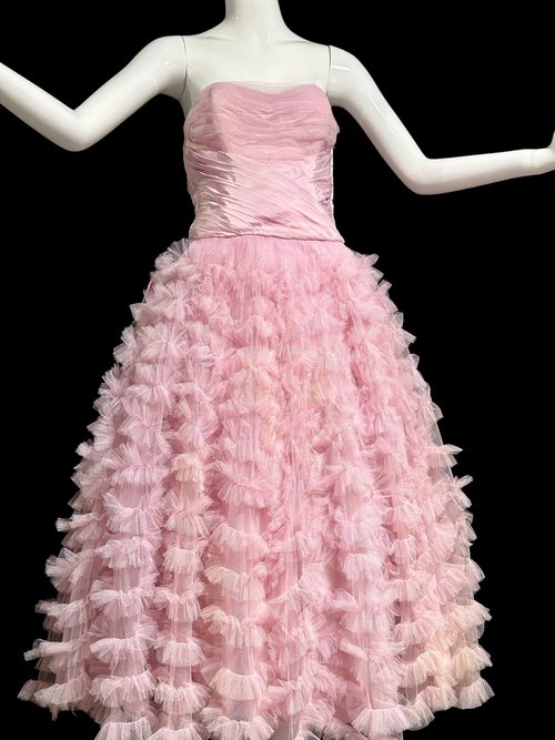 1950s CUSTOM MADE Prom Dress, Pink tulle and ruffle cupcake gown