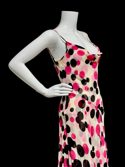 ESCADA vintage silk slip dress, Pink Black polka dot sheath 