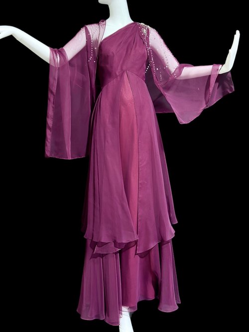 ROSE TAFT vintage evening gown, merlot poly chiffon gown, one shoulder with rhinestone cape