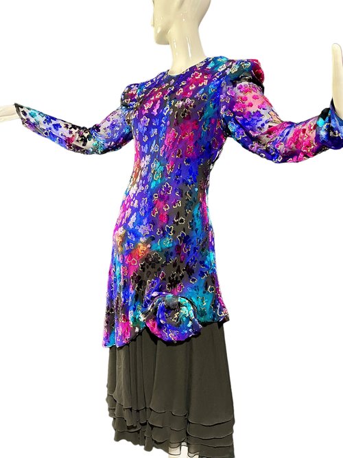 JUDY HORNBY 1980s floral silk dress, Devore silk ruffle skirt