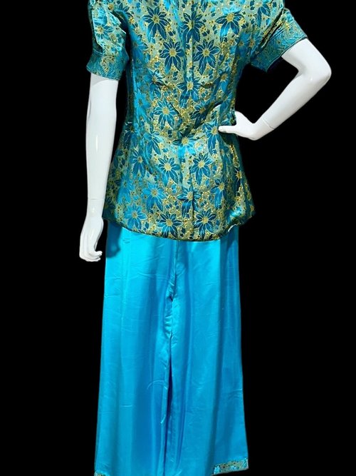 1940s SILK Pajamas set, Sea blue and gold damask cocktail party pjs