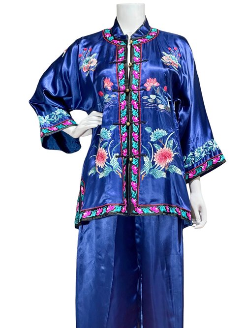 vintage SILK Embroidered Pajamas set, Navy blue embroidered floral cocktail party pjs