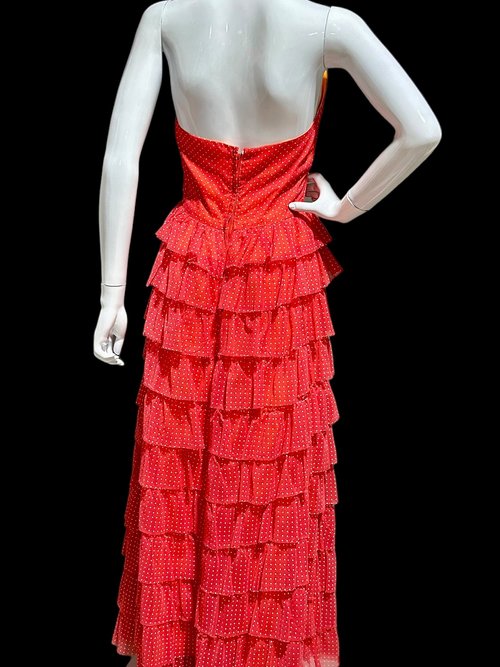 1970s vintage halter maxi dress, red white polka dot party dress