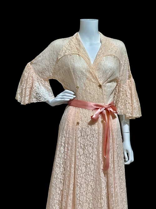 FLOBERT 1940s vintage dressing gown, pink sheer lace house dress