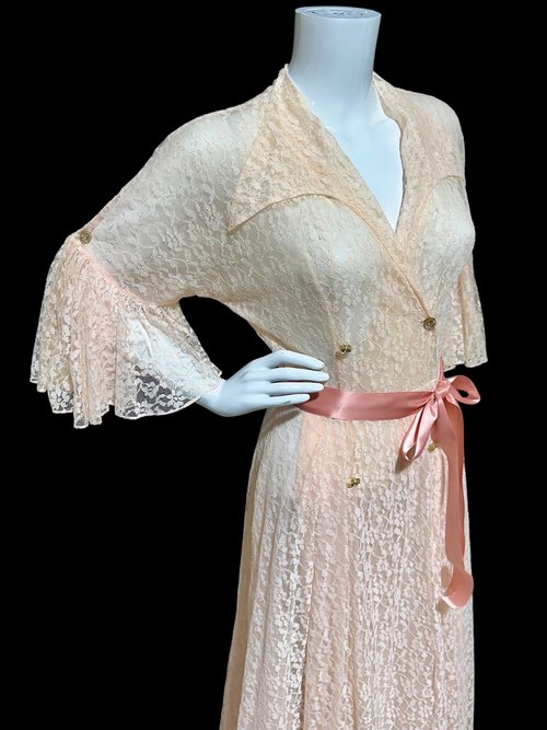 FLOBERT 1940s vintage dressing gown, pink sheer lace house dress